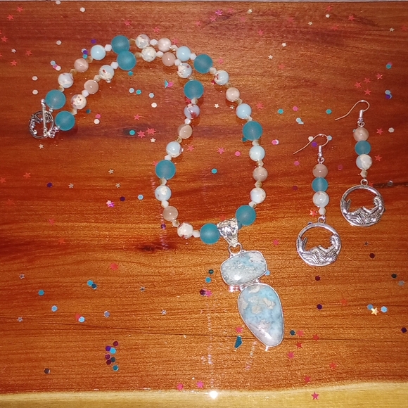 Aqua Terra Jasper Pendant Sunstone Frosted Sea Glass Beads Earrings Unique Set - Picture 1 of 8